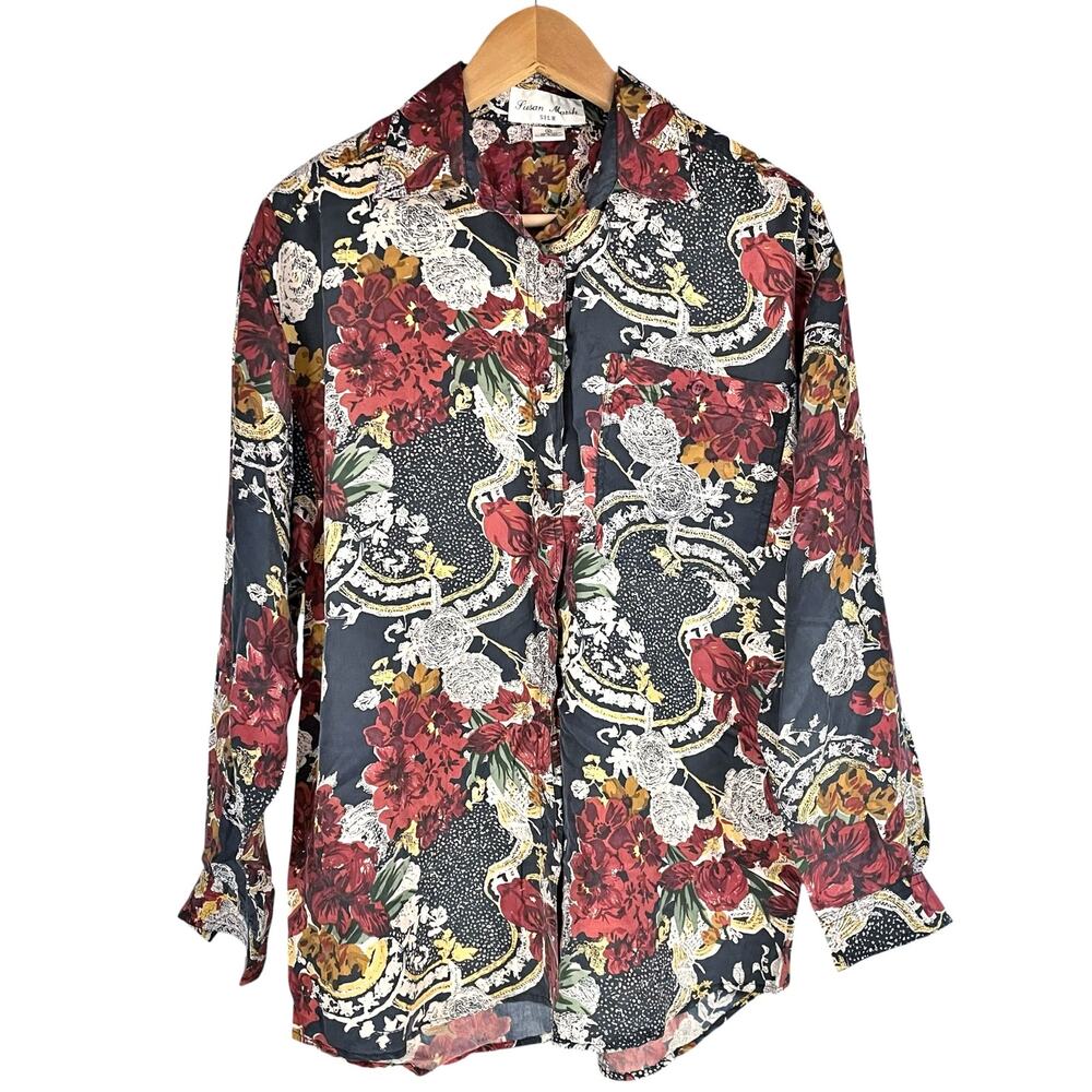 SUSAN MARSH Vintage 80s/90s Silk Floral Paisley Oversized Button-Up Blouse Sz S